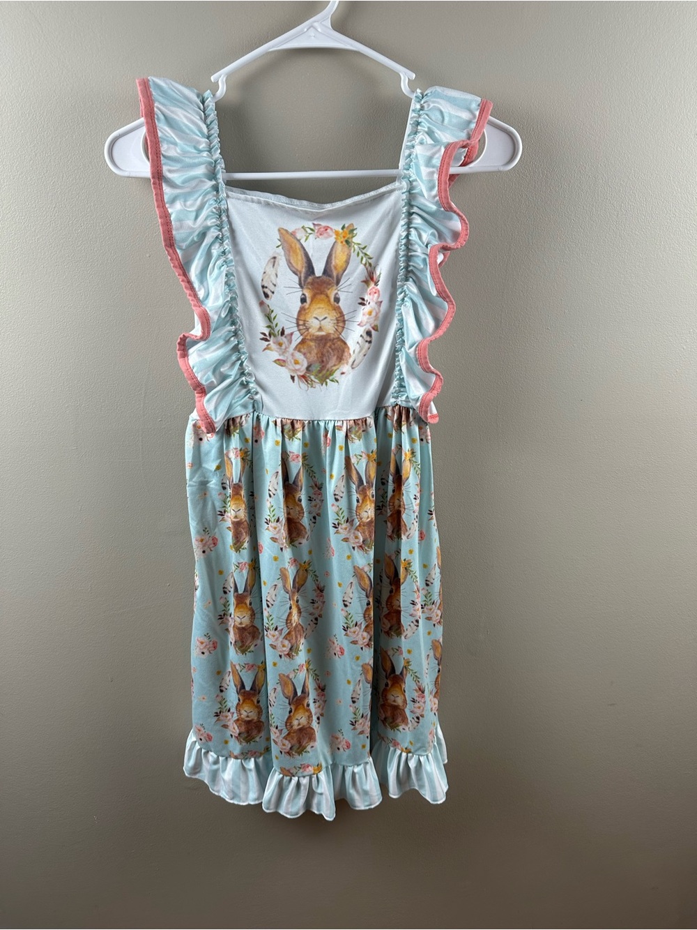 Girls Bunny Print Ruffle Dress in Light Blue & Pink Trim- Size 14-16